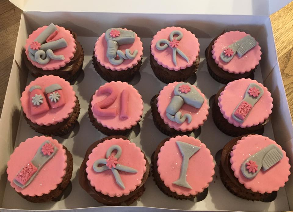 cupcakes with fondant hairdressing items on top 