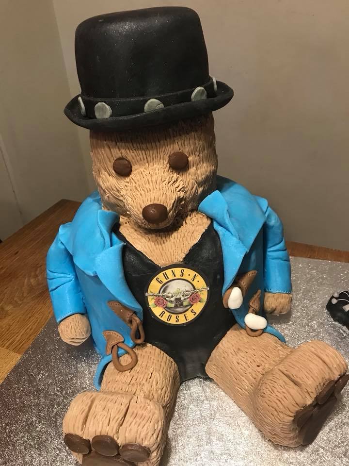 cake made in to the shape of a teddy bear sitting 