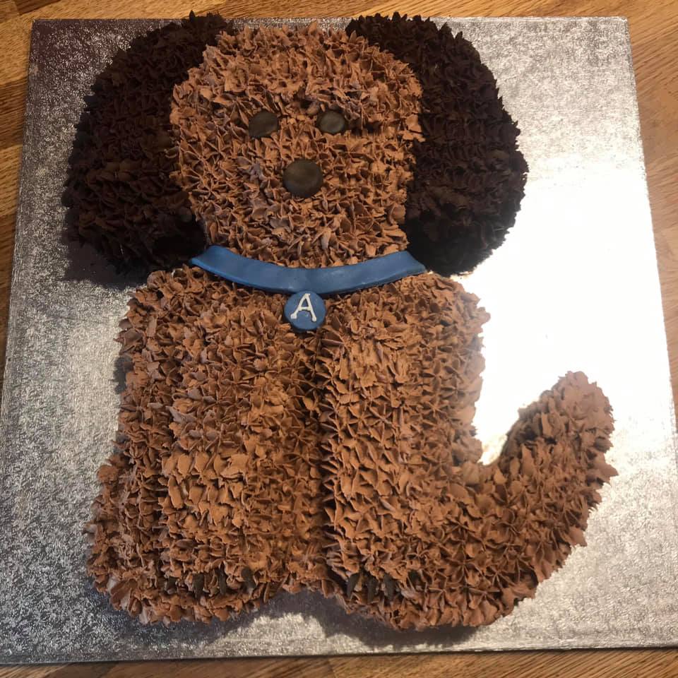 Cake shaped into  a dog covered in brown buttercream with black ears by creative cakes by kaz 
