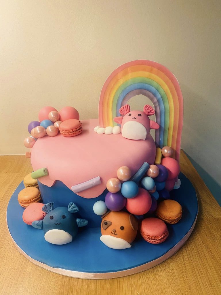Round cake in pink and blud 