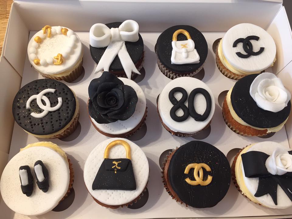 cupcakes with fondant Chanel items on top 