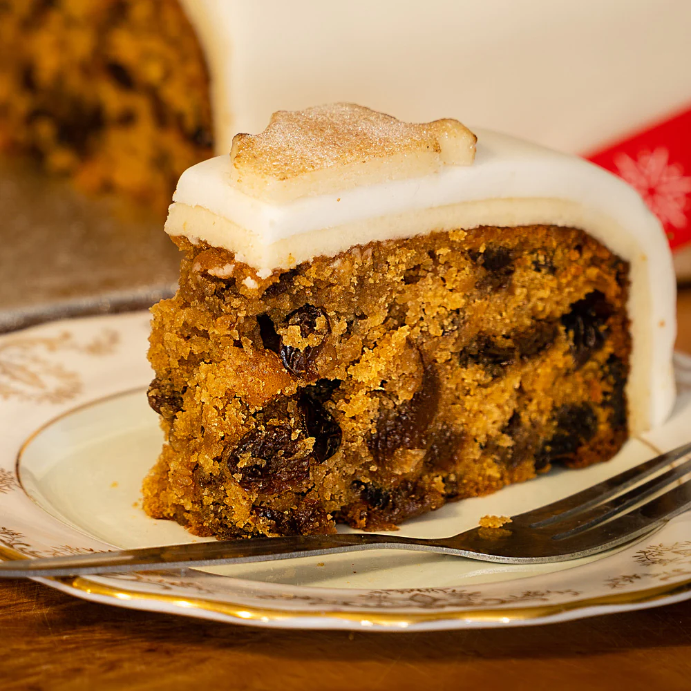 slice of a rich fruit cake 