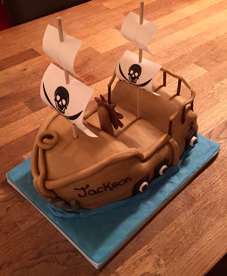 S sponge cake in the shape of a Pirate Ship 